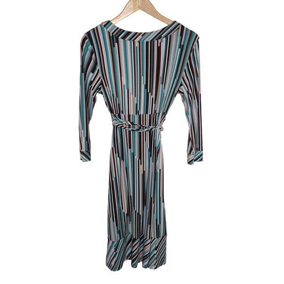 BCBGMaxAzria Retro Teal Blue Brown Striped Dress V Neck 3/4 Sleeves - Picture 8 of 13